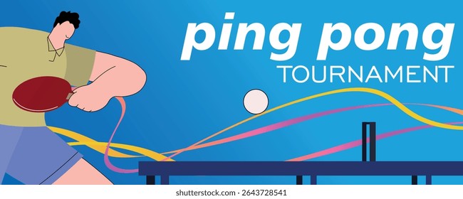 Ping pong tournament, man with racket near tennis table, flat illustration. Vector design poster of table tennis championship, sport, active lifestyle