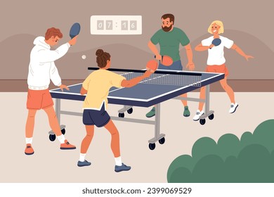 Ping pong tournament. People play table tennis. Couples compete with each other. Athletes hit ball with rackets. Sportsman match. Sport championship. Players team. Garish