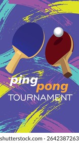 Ping pong tournament poster, flat illustration tennis rackets, ball. Brush stroke texture background, table tennis competition, sport, active recreation