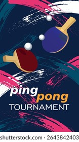 Ping pong tournament poster, flyer table tennis competition, rackets and ball flat style. Sports school, sports club small tennis, hobby, racket sports