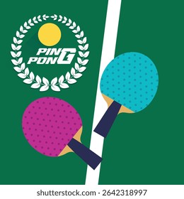 Ping pong, tournament poster, green tennis table, two rackets, ball. Banner, sports school, table tennis training, training, fitness