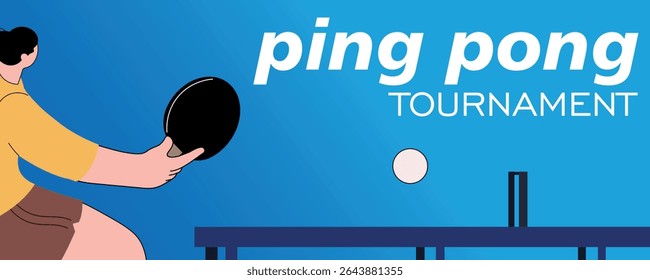 Ping pong tournament poster, horizontal format, flat style, woman playing table tennis. Sportsman with racket at tennis table, professional competitions, racket sports training, sports club