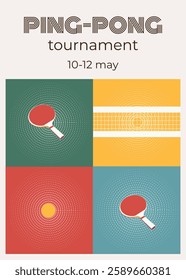 ping pong tournament poster in retro style with racket, net, ball, competition table tennis, racket, ball, tennis net, poster in retro style