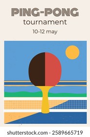 ping pong tournament poster in retro style with racket, net, sea, beach, ball, competition table tennis, racket, ball, tennis net, poster in retro style