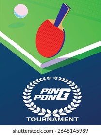 Ping pong tournament, poster for sports competitions, racket, tennis table, ball, net. Laurel wreath icon, table tennis championship banner design, sports activity