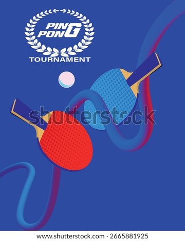 Ping pong tournament poster, table tennis competition banner, illustration of two rackets and ball, abstract background. Vector design flat style, concept of sport hobby, activity, decor tennis club