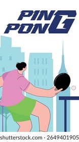 Ping pong tournament poster, vector illustration woman playing table tennis in city park. Flat design background city buildings, active recreation concept, tennis club banner