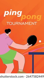 Ping pong tournament poster, woman playing table tennis, bright orange background. Banner competition championship, racket sport, activity, tennis club design