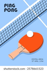 Ping pong tournament, promotion poster design. Ad card, placard template for sports game, table tennis match, contest. Advertising promo flyer with racket, ball and net. Flat vector illustration