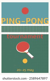 ping pong tournament, table tennis competition, racket, ball, tennis net, retro style poster for tennis, racket, ball, net, sun, poster, tournament, competition, retro style, ping pong