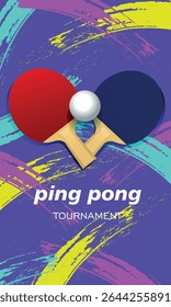 Ping pong tournament, table tennis competition poster, two rackets, ball. Championship banner, background texture brush strokes, sport, tennis club