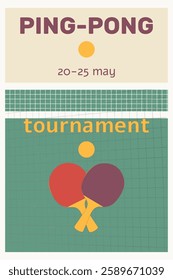 ping pong tournament, tennis competition, two rackets, ball, net, sun, poster, tournament, competition, retro style, ping pong