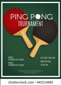 Ping Pong Tournament. Two rackets on green table. Poster Design vector template 