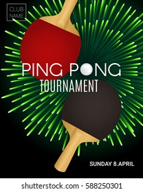 Ping Pong Tournament. Two rackets and green firework. Poster Design vector template 