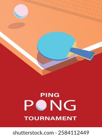 Ping pong tournament vector illustration. Banner racket ball ping pong table on red background