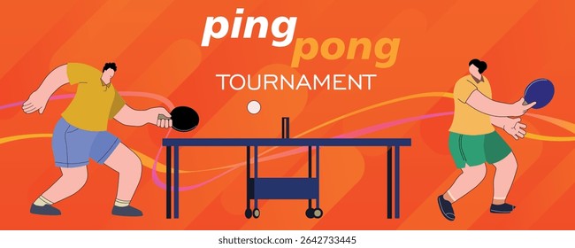 Ping pong turnir, gorizontal'nyy banner chempionat, dva cheloveka igrayut v natsol'nyy tennis. Vektornaya illyustratsiya flet,aktivnyy otdykh, raketochnyy sport Moy opyt v sozdanii detskikh risunkov i