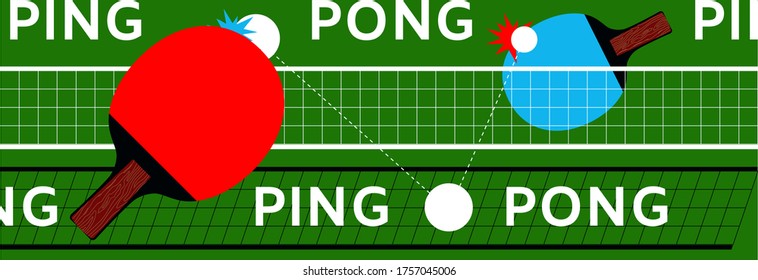 Ping Pong typographical modern 
poster. Vector illustration with lettering PING-PONG. Table tennis cover, ping pong racket. Vector flat illustration. Banner