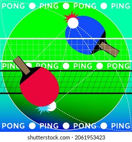 Ping Pong typographical modern 
poster. Vector illustration with lettering PING-PONG. Table tennis cover, ping pong racket. Tennis vector flat illustration. Banner