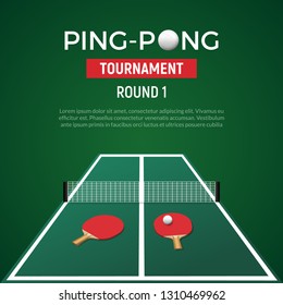 Ping pont tennis tournament poster background. Ping pong table with ball racket championship green illustration.