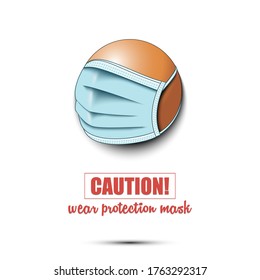 Ping-pong ball with a protection mask. Caution! wear protection mask. Stop coronavirus covid-19 outbreak. Risk disease. Cancellation of sports tournaments. Pattern design. Vector illustration