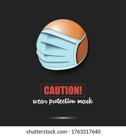 Ping-pong ball with a protection mask. Caution! wear protection mask. Stop coronavirus covid-19 outbreak. Risk disease. Cancellation of sports tournaments. Pattern design. Vector illustration