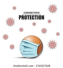 Ping-pong ball with a protection mask and cells coronavirus bacteriums. Stop covid-19 outbreak. Caution risk disease 2019-nCoV. Cancellation of sports tournaments. Pattern design. Vector illustration