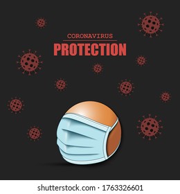 Ping-pong ball with a protection mask and cells coronavirus bacteriums. Stop covid-19 outbreak. Caution risk disease 2019-nCoV. Cancellation of sports tournaments. Pattern design. Vector illustration