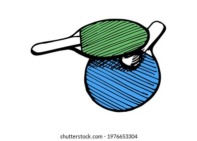 Ping-pong green and blue rackets and ball hand drawn outline sketch. Table tennis equipment. Ping pong game paddles logo concept. Vector black ink doodle isolated illustration on white background