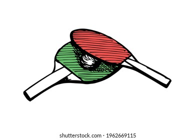 Ping-pong green and red rackets and ball hand drawn outline sketch. Table tennis equipment. Ping pong game paddles logo concept. Vector black ink doodle isolated illustration on white background