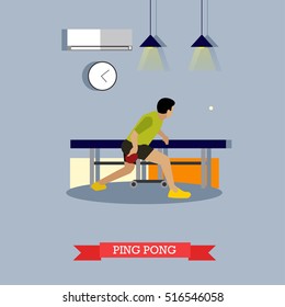 Ping-pong player trains in the club. Table tennis master fulfills his skills with paddle and ball. Vector illustration in flat design