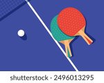 Ping-Pong poster, two rackets and ball for ping pong on table, table tennis competition, view from above, vector