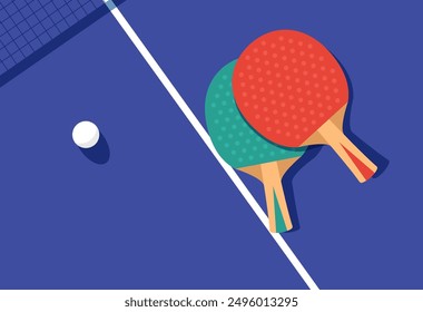 Póster de ping-pong, dos raquetas y pelota para ping pong sobre mesa, tenis de mesa, vista desde arriba, Vector