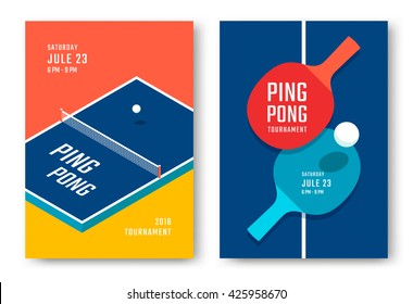 Дизайн плакатов для пинг-понга. Стол и ракетки для пинг-понга. Векторная иллюстрация