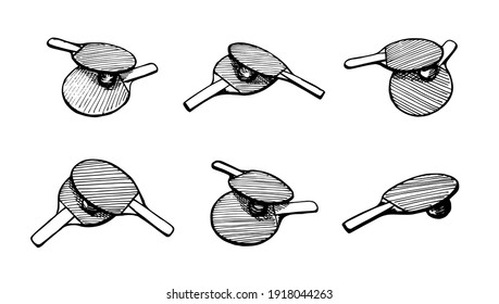 Ping-pong rackets and ball hand drawn outline sketch icon set. Table tennis equipment. Ping pong game paddles logo concept. Vector black ink doodle isolated illustration on white background