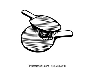 Ping-pong rackets and ball hand drawn outline sketch icon. Table tennis equipment. Ping pong game paddles logo concept. Vector black ink doodle isolated illustration on white background