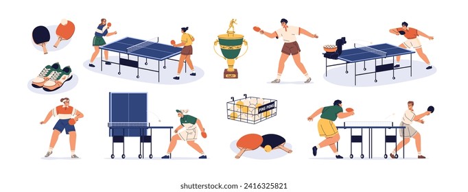 Ping-pong set. Playing table tennis, indoor sport game. Pingpong players, athletes training with opponent, machine. Ball, rackets for tabletennis. Flat vector illustration isolated on white background