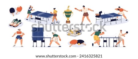 Ping-pong set. Playing table tennis, indoor sport game. Pingpong players, athletes training with opponent, machine. Ball, rackets for tabletennis. Flat vector illustration isolated on white background