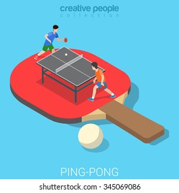 Ping-pong Table tennis flat 3d isometry isometric sports concept web vector illustration. Big racquet racket and micro players game match set. Creative people collection.