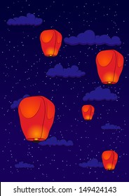 PingSi Lantern in the night sky with clouds and stars. Vector illustration