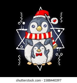 Pinguin Design Cartoon Geometric Tshirt Design Template