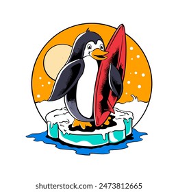 Pinguin holding surf in beach