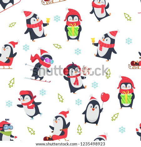 Pinguin seamless pattern. Cartoon textile design with vector illustration of winter snow wild cute animal in various action pose
