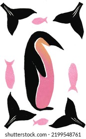 Pinguin vector silhouette illustration. Sunset gradient colors. Linocut drawing. Hand made stamps printing and texture. Great for greeting cards, posters, framed art work. 