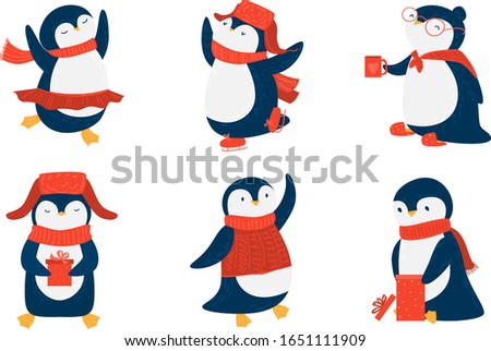 Pinguins in red scarfs and hats enjoying life vector illustration