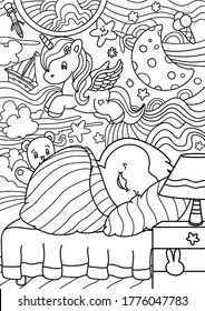 Pingy Penguin is sleeping and dreaming.  Drawing on white background.
Great for coloring books, gift cards and other prints.
