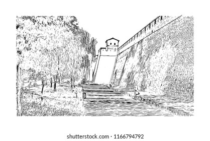 Pingyao, officially Pingyao Ancient City, is a settlement in central Shanxi, China. Hand drawn sketch illustration in vector.