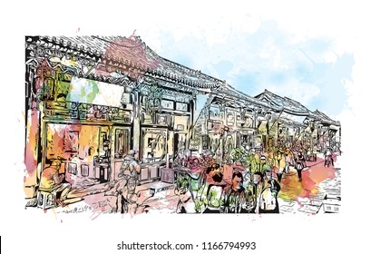 Pingyao, officially Pingyao Ancient City, is a settlement in central Shanxi, China. Watercolor splash with Hand drawn sketch illustration in vector.