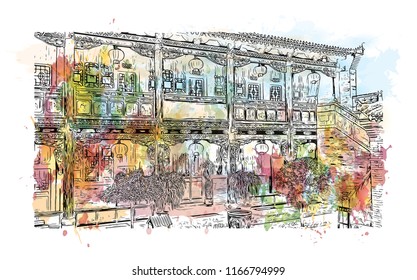 Pingyao, officially Pingyao Ancient City, is a settlement in central Shanxi, China. Watercolor splash with Hand drawn sketch illustration in vector.