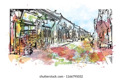 Pingyao, officially Pingyao Ancient City, is a settlement in central Shanxi, China. Watercolor splash with Hand drawn sketch illustration in vector.