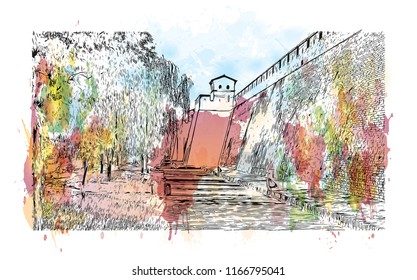 Pingyao, officially Pingyao Ancient City, is a settlement in central Shanxi, China. Watercolor splash with Hand drawn sketch illustration in vector.